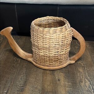 Vintage Woven Watering‎ Can Basket Wicker Wooden Base 11 inches Cottage Core